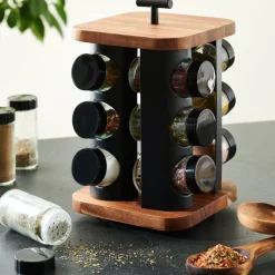 CASA Acacia Lux Carrusel De Hierbas 12 Botes Rotacion De 360° Negro, Natural